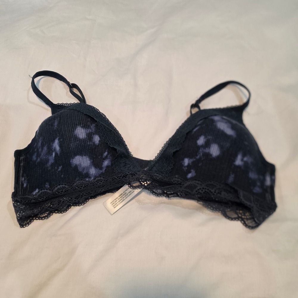 Lucky Brand Bralette Womens 36B Navy Blue Good Tie Dye Ribbed Lace Wireless